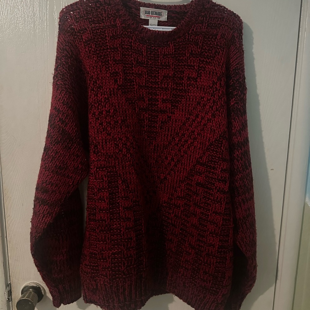 Vintage Brad Richards Chunky Red and Black Geometric Hand Knit Sweater